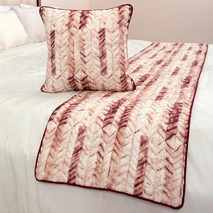 The HomeCentric King/Queen/Twin Maroon & Ivory Designer CA King 86"x18" Bed Runner Without Pillow Cover, Tie & Dye, Beaded & Quilted Bed Scarf on Cotton Fabric - Tie Dye Love