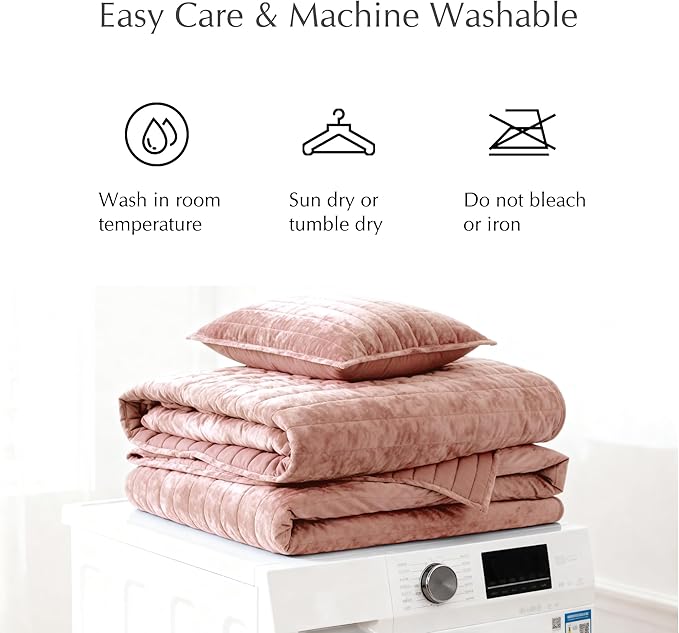 WRENSONGE Velvet King Size Quilt Set-3 Pieces Clay Pink Luxurious Velvet Striped Channel Comforter with 2 Shams, Soft Bedspread Coverlet Quilted Bedding Set for All Season