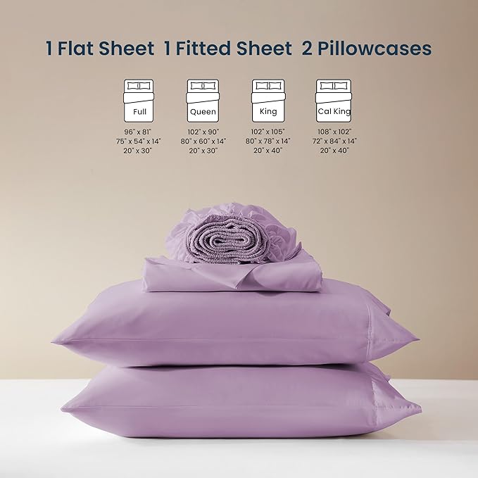 SLEEP ZONE Nanotex Super Soft Cooling Queen Bed Sheets Set 4 Piece - Easy Care Fitted Flat Sheet & Pillowcase Sets - Wrinkle Free, Fade Resistant, Deep Pocket 16" (Lavender, Queen)