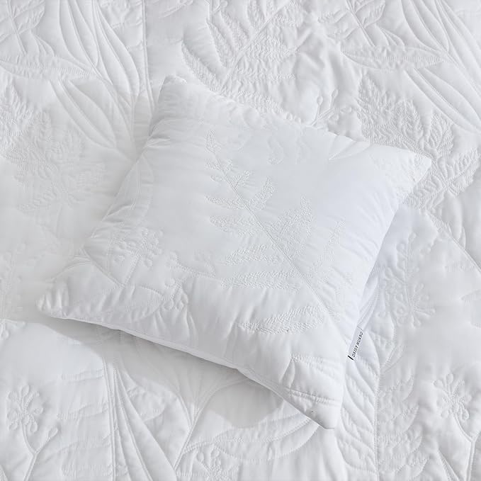 Botanical Bedspread Full Size - Leaves Pattern Stitching Quilt Set - Elegant & Fresh Style Bedding Coverlets, Reversible, Lightweight, 5 Piece, White