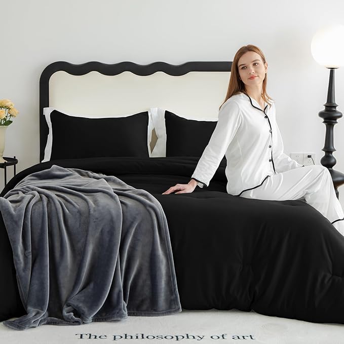 CozyLux King Size Comforter Set Black, 3 Pieces Solid Comforters King Size Breathable Quilted Style Bedding Set, Luxury Soft Microfiber Down Alternative Comforter Bed Set (1 Comforter & 2 Pillowcases)