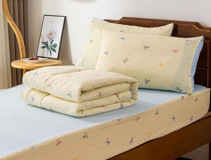 Meeting Story 3pcs Kids Comforter Set Twin Zipper Bedding Set for Girls,Kid Bedding Set Bow Comforter Set for Kid,All in one Zipper Bedding(Ivory,Twin)