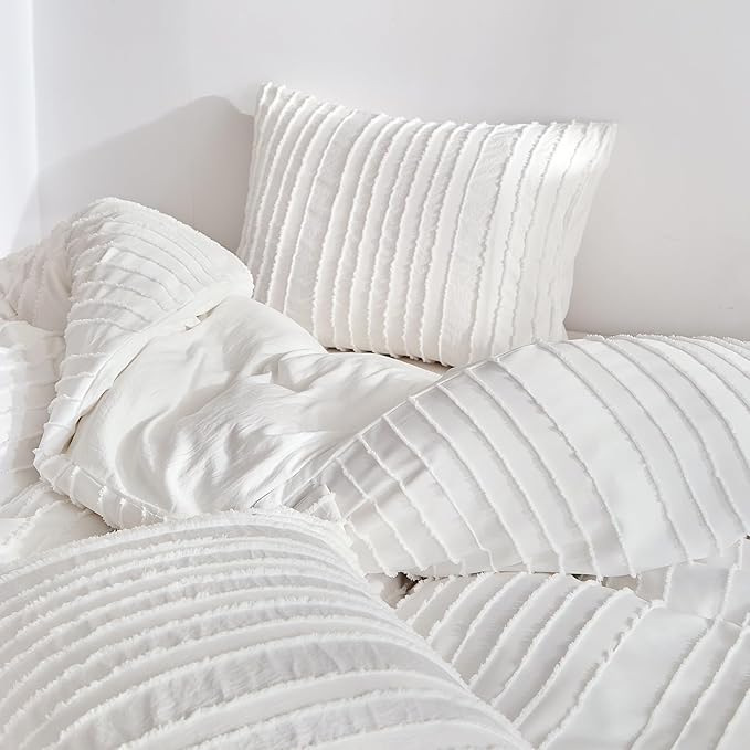 WARMDERN White Boho Duvet Cover Set Full Size, Striped Textured Duvet Cover Tufted Bedding Set, 3 Pcs Ultra Soft Washed Microfiber Duvet Cover with Zipper Closure (Full, White)