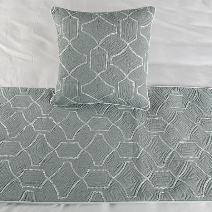 The HomeCentric King Queen Twin Grey Blue Bed Runner with 2 Decorative Throw Pillow Cover, Full Size 68"x18" Bed Runner with Pillow Cover, Linen Quilted Embroidery, Modern Contemporary - Atmosphere