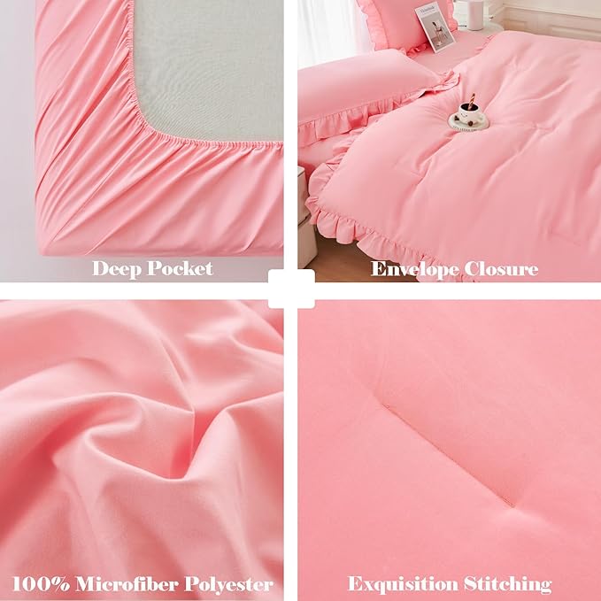 ANGIYUIN Coral Pink Twin Size Comforter Set for Girls 5Pcs Ruffled Kids Bed in A Bag with Sheets Farmhouse Boho Bedding Sets Lightweight Fluffy Microfiber Bed Set(Coral Pink Twin)