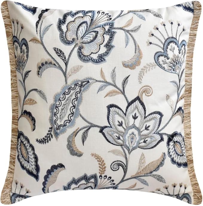 The HomeCentric King/Queen/Twin Blue Designer King 90"x18" Bed Runner with Pillow Cover, Floral, Embroidered, Jute Lace & Lace Bed Scarf on Cotton Fabric - Morning Glories