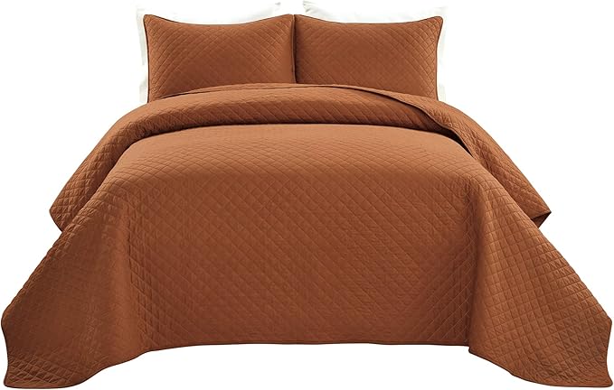 Lush Decor Ava Quilt Diamond Pattern Solid 3 Piece Oversized Bedding Blanket Bedspread Set - Full/Queen - Rust