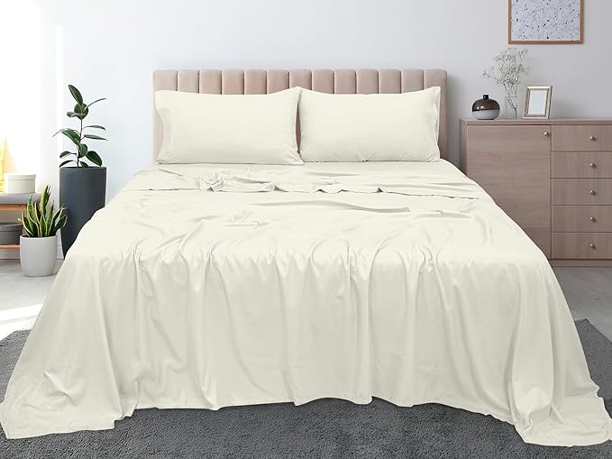Royale Linens 300 Thread Count 100% Long Staple Combed Cotton Flat Sheet - Super Soft - Top Sheet - Twin Flat Sheet Sold Separately - Breathable, Cool & Crisp Percale (Twin, Ivory)