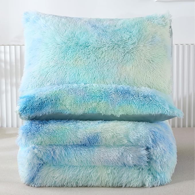 PERFEMET 3 Pcs Long Faux Fur Fluffy Full Comforter Sets Colorful Tie Dye Shaggy Furry Green Bedding Set for Girls Soft Plush Velvet Rainbow Bedding Quilt Set(Green, Full)