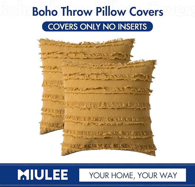 MIULEE Set of 2 Decorative Boho Throw Pillow Covers Linen Striped Jacquard Pattern Cushion Covers for Spring Sofa Couch Living Room Bedroom 16x16 Inch Yellow