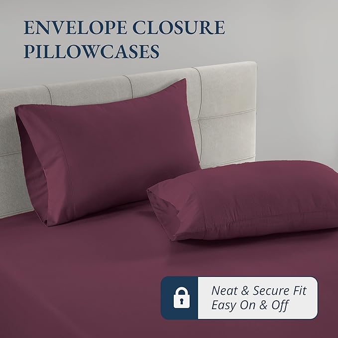 LANE LINEN 100% Organic Cotton Twin Fitted Sheet, 2-Piece Set (1 Fitted Sheet, 1 Pillowcase), Percale Weave, Lightweight, Soft, Breathable, Fits Mattress Upto 15' Deep - Windsor Wine (No Flat Sheet)