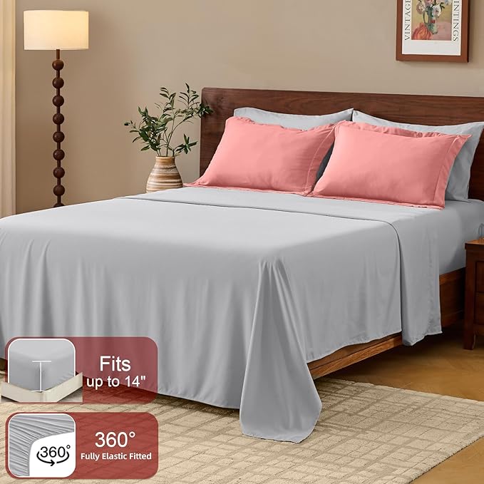 FUANNA Queen Comforter Set 7 Pieces, Reversible Bed in a Bag with All Season Soft Comforter, Bedding Sets Includes Comforter, Flat Sheet, Fitted Sheet, Pillowcases & Shams, Pink & Light Grey