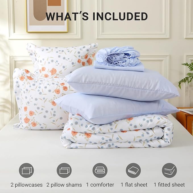 MUXHOMO Orange Blossom Bed in a Bag Queen 7 Pieces, Queen Comforter Set Reversible Botanical Flowers Design, Ultra Soft & Breathable Bedding Sets with Comforter, Sheets, Pillowcases & Shams