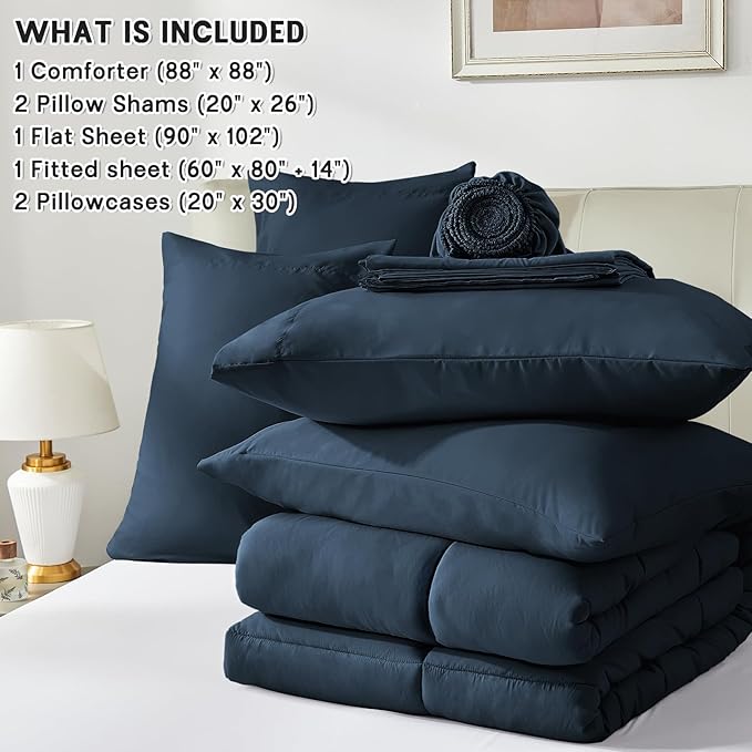Anluoer Queen Size Bed in a Bag 7 Pieces, Navy Blue Bed Comforter Set with Sheets, All Season Bedding Sets with 1 Comforter,2 Pillow Shams,2 Pillowcases, 1 Flat Sheet,1 Fitted Sheet