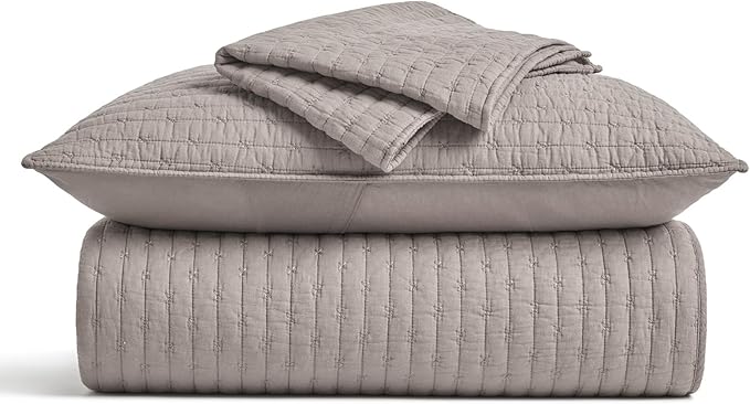 EVERGRACE Cross Stitch Pre-Washed Cotton Quilt Bedding Set Queen Size, Oversized 3 Pieces Lightweight Bedspread Coverlet for All Season, with 2 Matching Shams, Taupe, 92"x96"