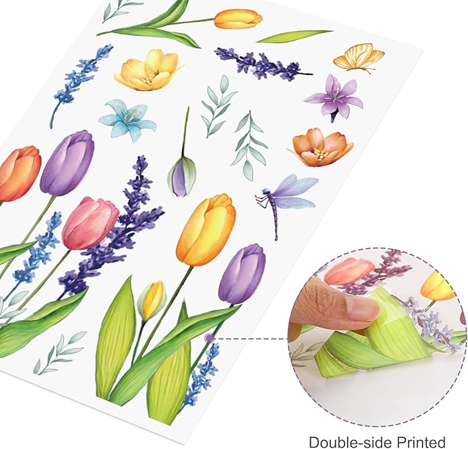 AKEROCK Spring Window Clings, Colorful Flower Static Window Stickers for Spring Decor, Decorations for Home