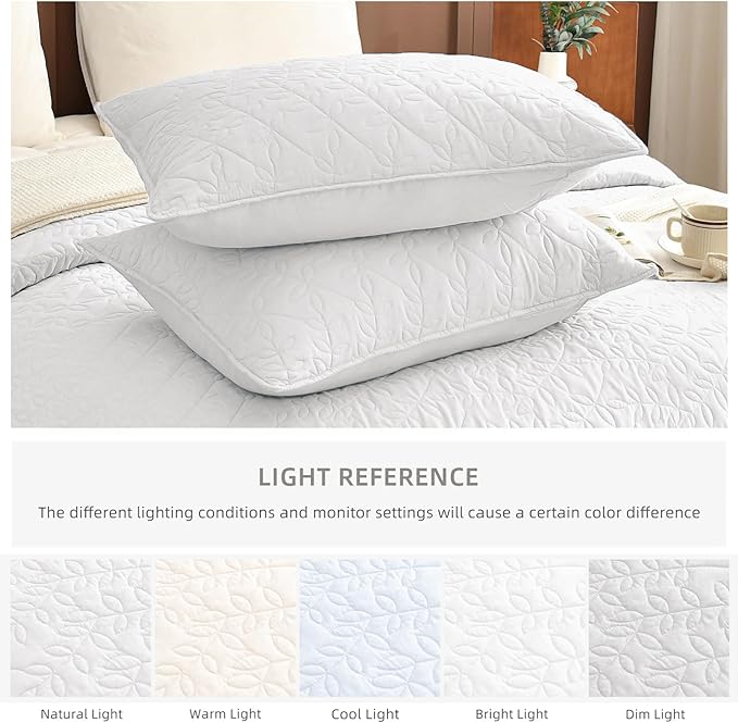 Lady Ann White Oversized Queen Quilt 100x106, Leaves Pattern Printed Oversized Queen Bedspreads for Bed, Lightweight & Soft Farmhouse Coverlets All Season Extra Large 3 Pcs Quilted Bedding Sets