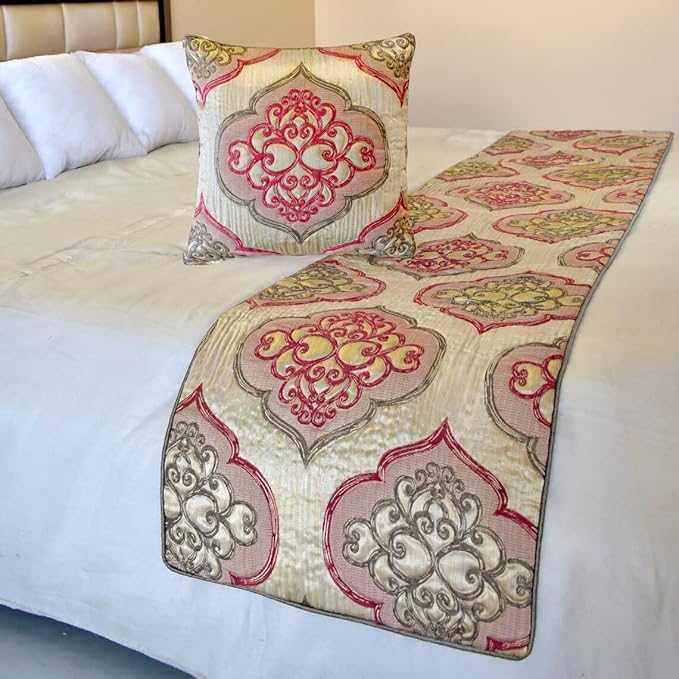 The HomeCentric King/Queen/Twin Pink Designer Queen 74"x18" Bed Runner Without Pillow Cover, Quilted & Damask Bed Scarf on Silk Fabric - Emre