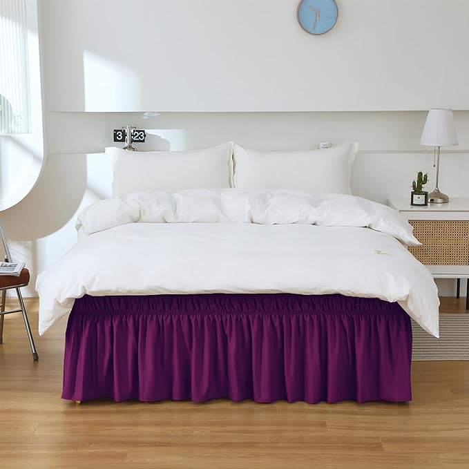 MEILA Wrap Around Bed Skirt Three Fabric Sides Elastic Dust Ruffled 14 Inch Tailored Drop,Easy to Install Fade Resistant-Purple, Queen/King