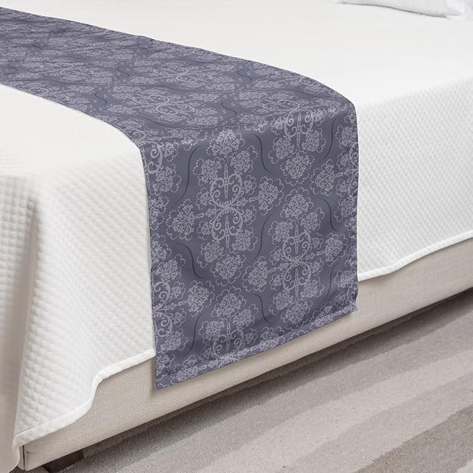 Lunarable Vintage Bed Runner Set, Antique Motifs Victorian Renaissance Design Inspirations Blooming Flowers, Decorative Bedding Scarf and 2 Pillow Shams for Hotels Homes, King, Grey and Purple Grey