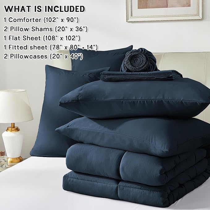Anluoer King Size Bed in a Bag 7 Pieces, Navy Blue Bed Comforter Set with Sheets, All Season Bedding Sets with 1 Comforter,2 Pillow Shams,2 Pillowcases, 1 Flat Sheet, 1 Fitted Sheet