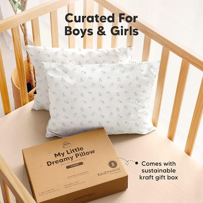 KeaBabies 2-Pack Toddler Pillows 2 Year Old to 5-13x18 Soft Organic Cotton Kids Pillow for Sleeping, Travel, School, Daycare, Nap, Toddler Bed, Machine Washable, Without Pillowcase (Excavator)