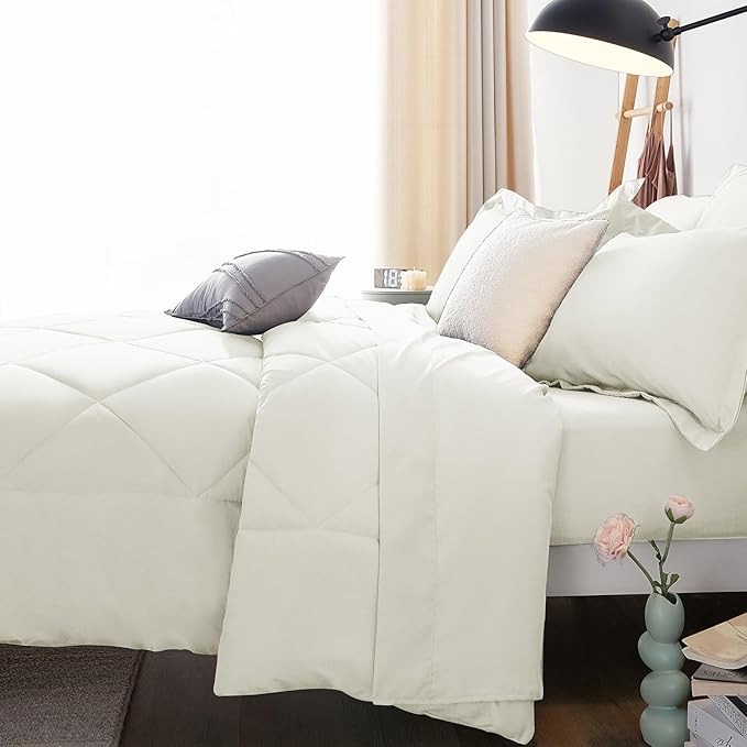 CozyLux Full Size Comforter Sets Ivory - 7 Pieces Bed in a Bag Full, Luxury Soft Bed Set for All Seasons, Bedding Set with Down Alternative Comforter, Sheets, Pillowcases & Shams