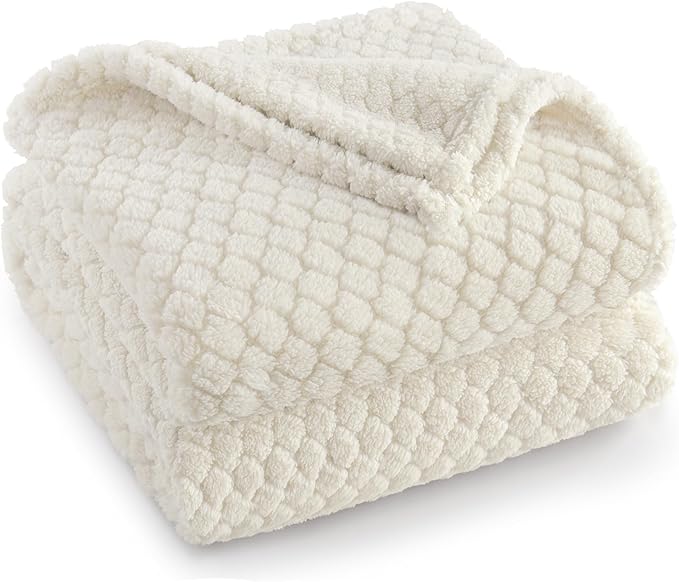 Exclusivo Mezcla Queen Size Fleece Blanket for Bed, Extra Soft Warm Decorative Fuzzy Blanket for Women, Lightweight Cozy Bedding Blankets, 90x90 Inches, Ivory