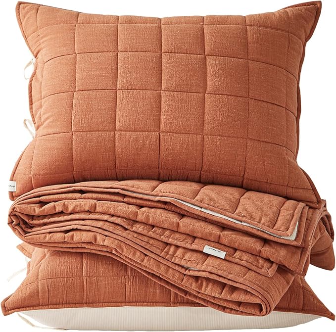 Cotton Quilt Bed Spreads, 3-Pieces Bedding Set with Coverlet Light Weight Quilt Blanket with 2 Pillow Shams (Burnt Orange, Queen)