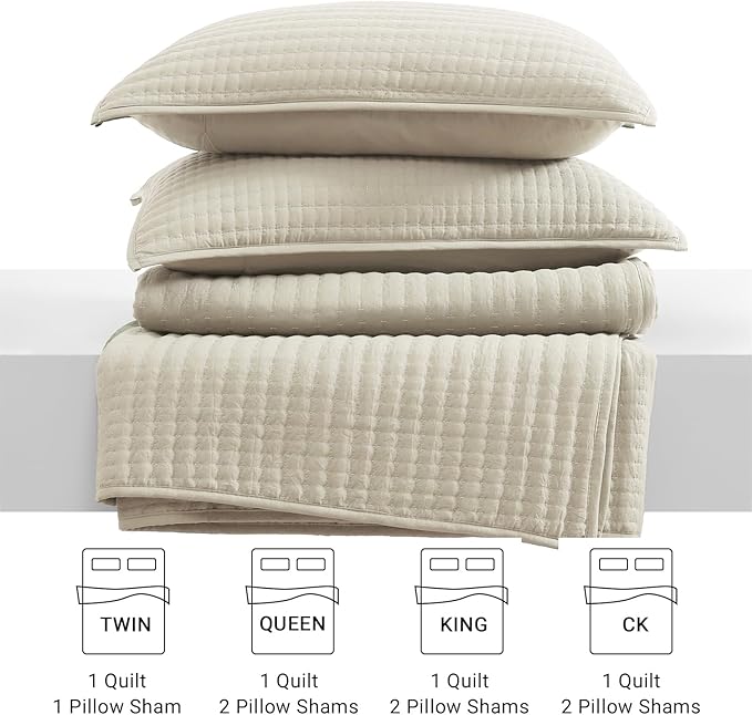 WRENSONGE Queen Quilt-3 Pieces Lightweight Bedspreads Light Oatmeal Queen Size Quilt Bedding Set for All Seasons, Soft Summer Coverlet with 2 Pillow Shams Suitable for Bed & Couch