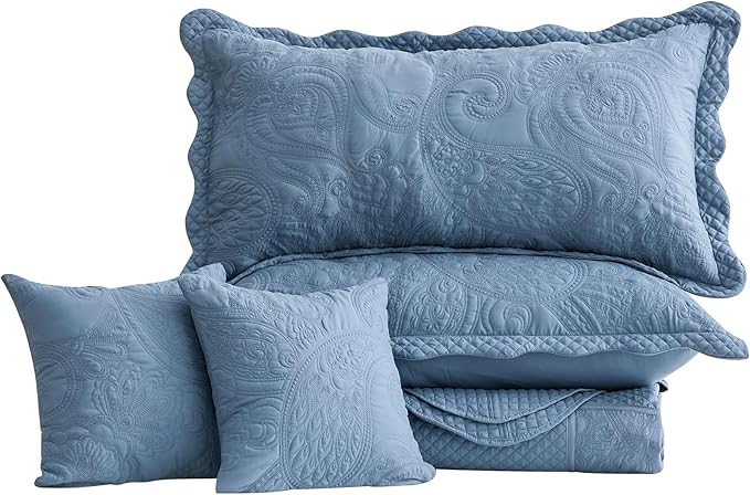Oversized King Bedspread 128x120 Extra Wide, Paisley Pattern Design, Lightweight Bedding Cover, Reversible, 5 Piece, 100% Microfiber, Smokey Blue