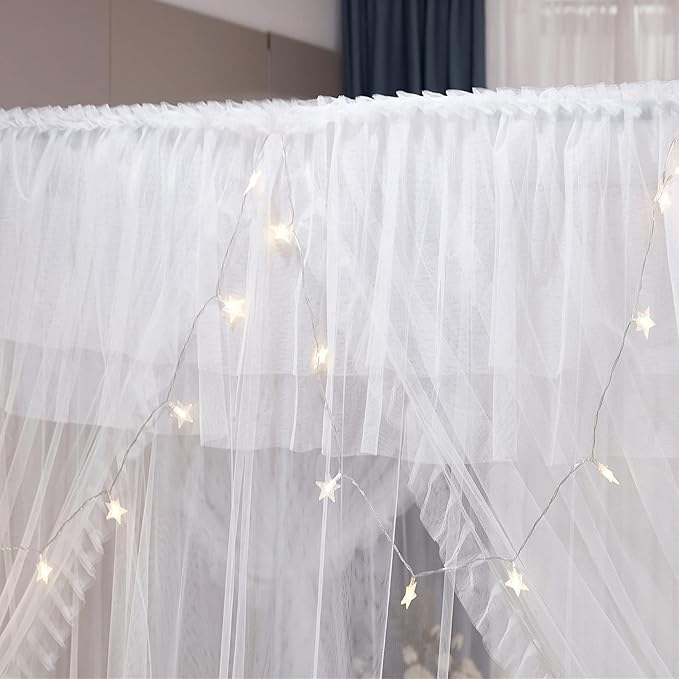 VETHIN 4 Corners Post Ruffle Princess Bed Canopy Curtain-Double Layer Cozy Drape Netting 4 Opening Mosquito Net for Girls Adults Bedroom Decoration (White/White, 59" W*82" L*82"*H/(Queen))