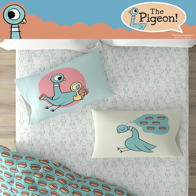 The Pigeon Finds A Hot Dog Twin Bedding Set – 5 Piece Super Soft Microfiber Reversible Comforter, Sheet Set & Sham - Book by Mo Willems (Officially Licensed Product) by Franco