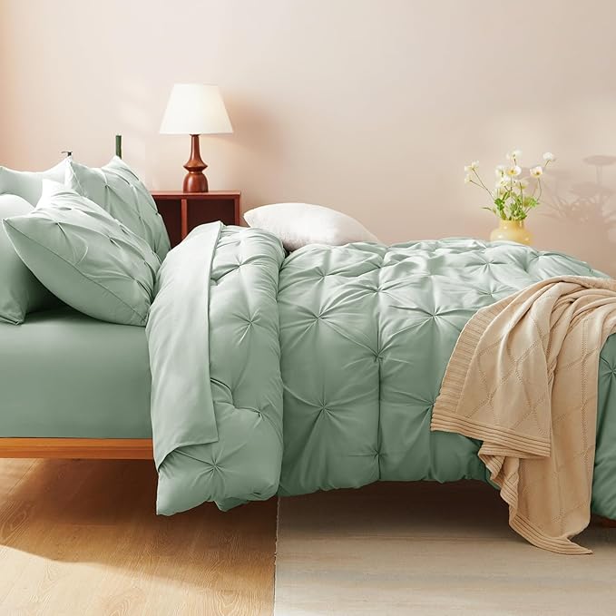 CozyLux King Size Comforter Set Sage Green, 7 Pieces Pintuck Bed in A Bag Green Comforter King Size, Pinch Pleat Bedding Set with All Season Comforter, Sheets, Pillowcases & Shams