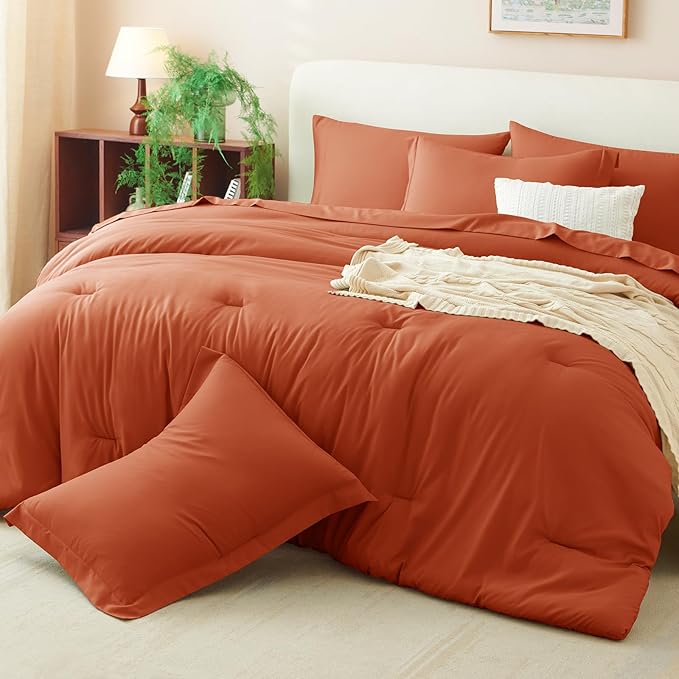 CozyLux Full Comforter Set Burnt Orange, 7 Pieces Bed in a Bag Terracotta Comforter Set with Sheets, All Season Boho7PC Bed Sets with Comforter, Fitted Sheet, Flat Sheet, Pillow Shams and Pillowcases