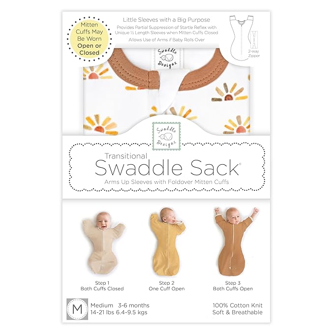 SwaddleDesigns Transitional Swaddle Sack, Arms Up Half-Length Sleeves & Mitten Cuffs, Swaddle for Newborn Transition to Baby Sleep Sack Wearable Blanket, Lrg, 6-9 mo, 21-24 lb, Watercolor Sunny Days