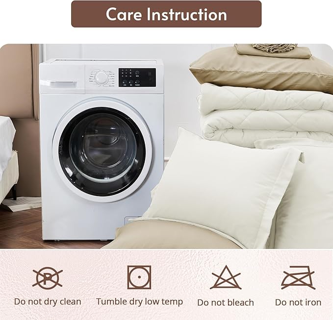 MUXHOMO 7 Pieces King Comforter Set, Reversible Bed in a Bag King Size, All Season Bedding Set with Comforter, Flat Sheet, Fitted Sheet, Pillowcases & Shams, Ivory & Khaki