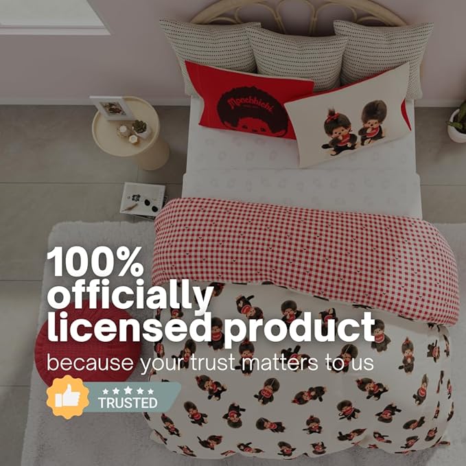 Monchhichi Bedding 7 Piece Queen Bed Set, Soft Cozy Nostalgia Reversible Comforter and Sheet Set with Sham, Officially Licensed Product by Franco