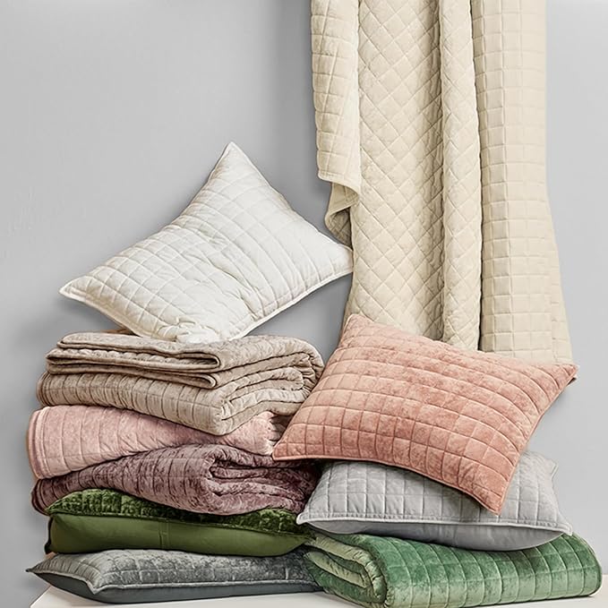 RECYCO Luxury Velvet Quilt Set Full Queen Size Bedding Sets, Ultra Soft Velvet Comforter Set, Lightweight Channel Box Stitch Oversized Bedspread Coverlet for All Season, with 2 Shams, Beige