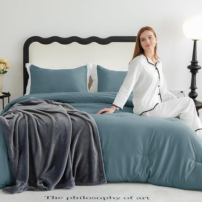 CozyLux Queen Comforter Set Mineral Blue, 3 Pieces Solid Queen Comforter Breathable Quilted Bedding Sets, Luxury Soft Bed Set with Down Alternative Comforter All Season (1 Comforter & 2 Pillowcases)