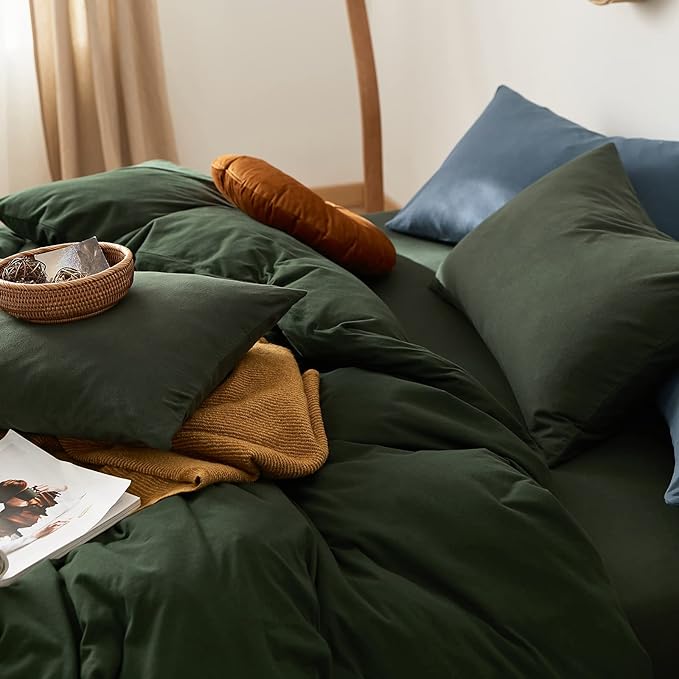 LifeTB Olive Green Duvet Cover Twin XL Size 3 Pieces Jersey Knit Cotton Bedding Duvet Cover Minimalist Dark Green Comforter Cover with Zipper Closure Breathable Soft Solid Color Bedding Set