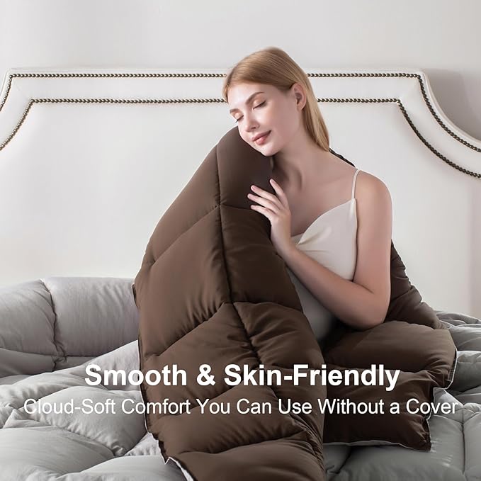 KASENTEX King Comforter Set – Reversible Dual Color – Goose Down Alternative – Ultra-Soft, Lightweight, Machine Washable, Maintain Fluffiness, All Season Warmth (Silver Cloud/Chocolate Brown)