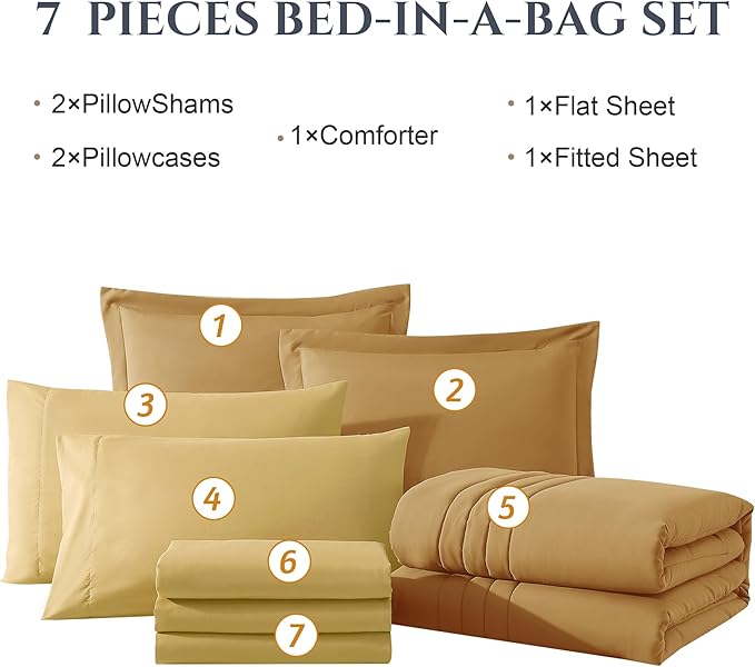 Monbix King Size Comforter Set - 7 Pieces Bed in a Bag King, Desert Yellow Bedding Sets with Comforter, All Seasons Comforter Bed Set with Sheets, Pillowcases & Shams
