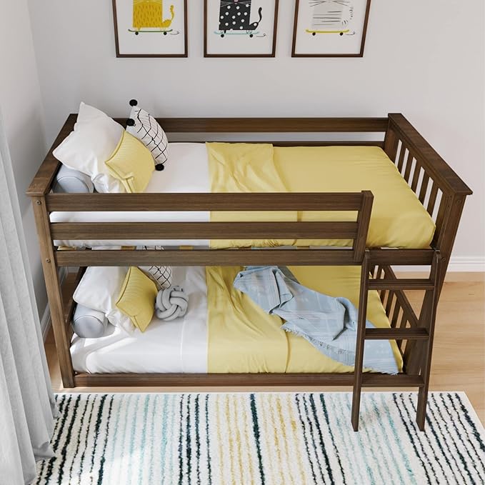 Max & Lily Twin Over Twin Low Bunk Bed with Ladder, Wooden Bunk beds with 14” Safety Guardrail for Kids,Toddlers, Boys, Girls, Teens, Bedroom Furniture, Walnut