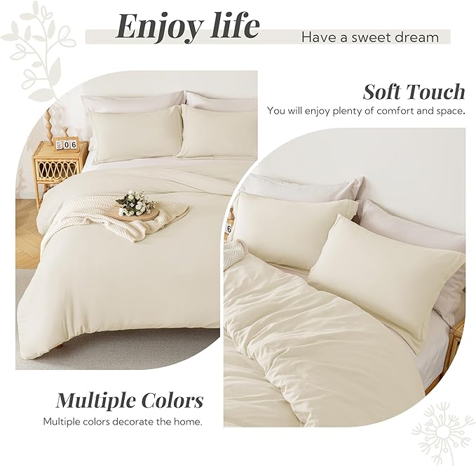 MILDLY Super Soft Duvet Cover - 100% Washed Microfiber Beige Comforter Cover Set 3 Pieces with Zipper Closure & Corner Ties (No Comforter)