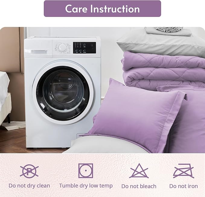 MUXHOMO 7 Pieces California King Comforter Set, Reversible Bed in a Bag Cal King Size, All Season Bedding Set with Comforter, Flat Sheet, Fitted Sheet, Pillowcases & Shams, Greyish Purple & Light Grey