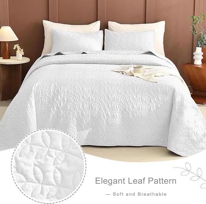 Lady Ann White Oversized King Quilt 128x120, Leaves Pattern Printed Oversized King Bedspreads, Lightweight & Soft Farmhouse Coverlets All Season Extra Large Thin Comforter 3 Pcs Quilted Bedding Sets