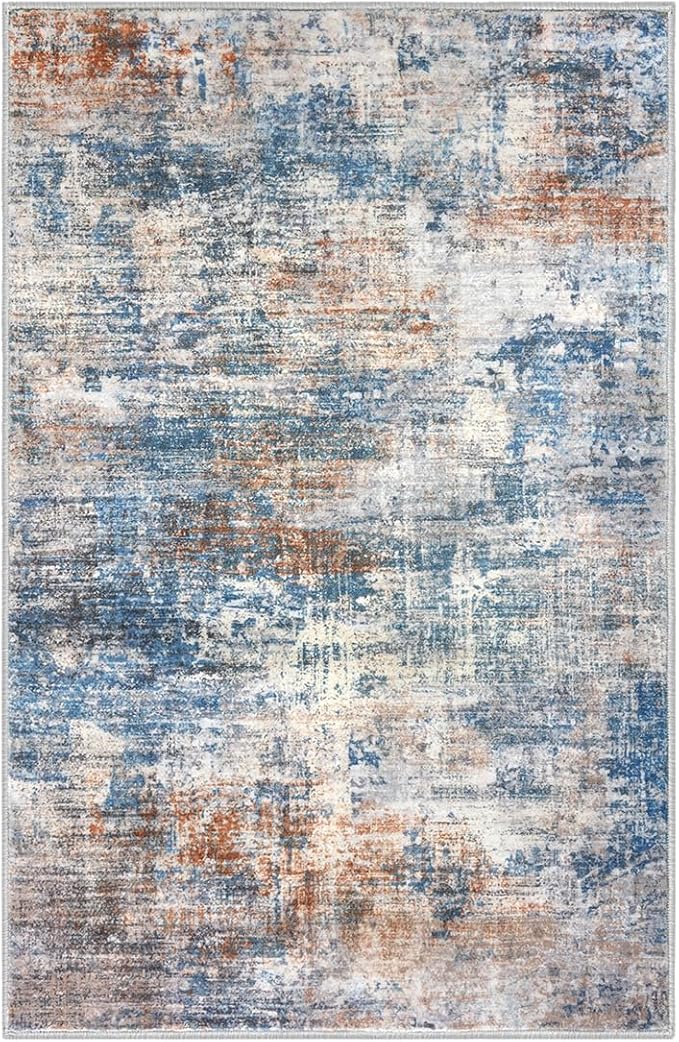 IOHOUZE Abstract Area Rug 4x6 Ft Washable Rugs for Entryway Indoor, Non Slip Small Living Room Rugs Printed Faux Wool Throw Rug, Floor Carpet for Kitchen Nursery Playroom, Blue Rust
