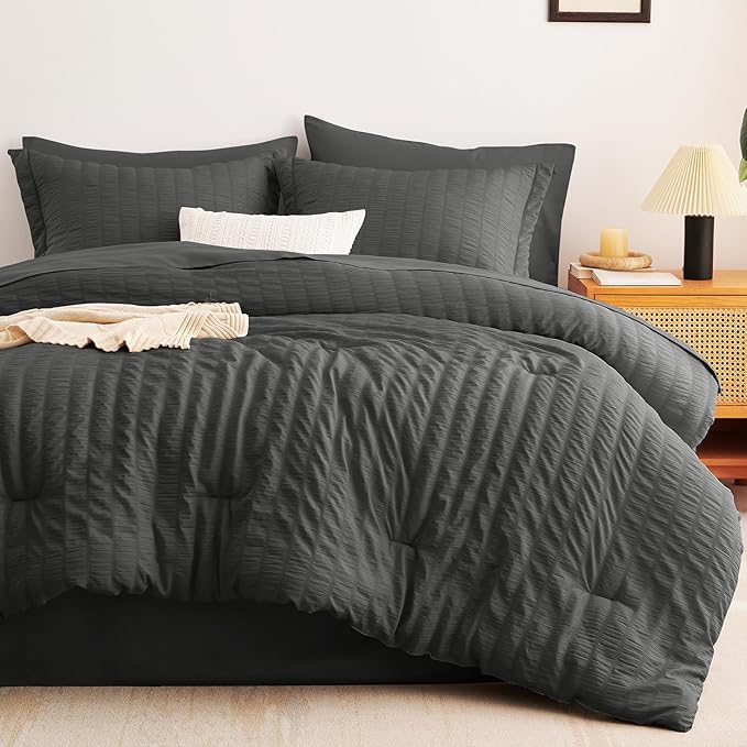 CozyLux Twin Comforter Set with Sheets Seersucker 5 Pieces, Dark Grey Bed in a Bag for Bedroom, Textured Luxury Soft Bedding Set with Down Alternative Comforter, Sheets, Pillowcase & Sham All Seasons