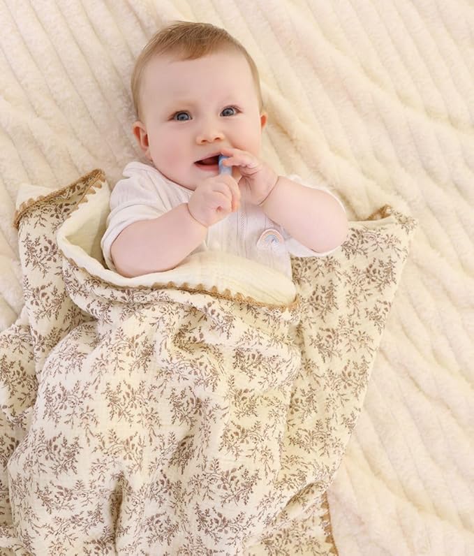 Double Layered 100% Cotton Muslin Baby Blanket Ultra-Soft 40x40 Inch Swaddling Nursery Crib Blanket(Leaves)